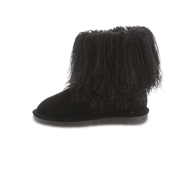 BEARPAW BOO Women's Ankle Furry Boots US 6 Black Suede Curly Lamb Sheepskin - Picture 14 of 16